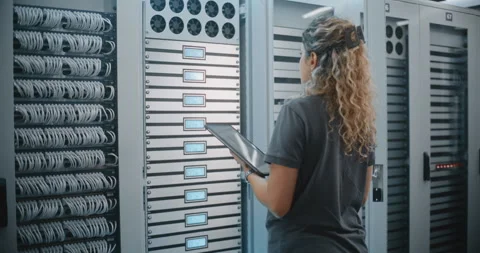 Data Center Specialist Comparing Tablet Information With Server Cabinet LED Stock Footage 344954015