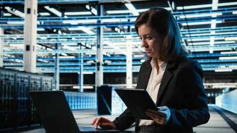 Data center specialist crosschecking settings between laptop and tablet Stock Photos
