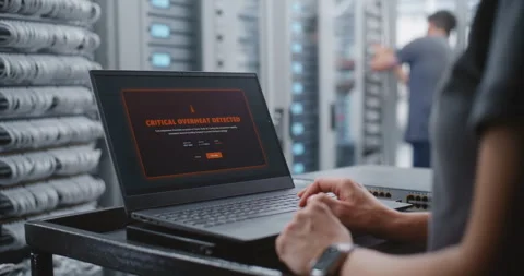 Data Center Specialist Responding to Critical Server Overheating Alert Stock Footage 344972682