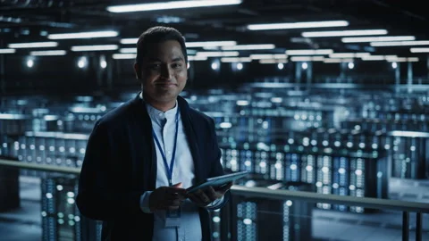 Data Center Specialist Uses Tablet Computer Stock Footage 155289827