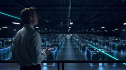 Data Center Specialist Works in Server Room VFX Visualization Stock Footage 162932527