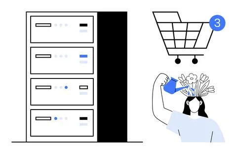 Data center stack, shopping cart with notification, and person watering flowe Stock Illustration