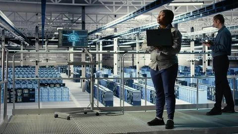 Data center supervisor on industrial platform working to improve AI rigs Foto stock