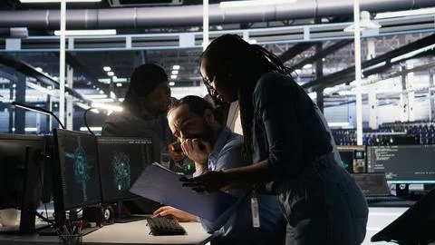 Data center system administration team collaborating on AI automation 스톡 사진