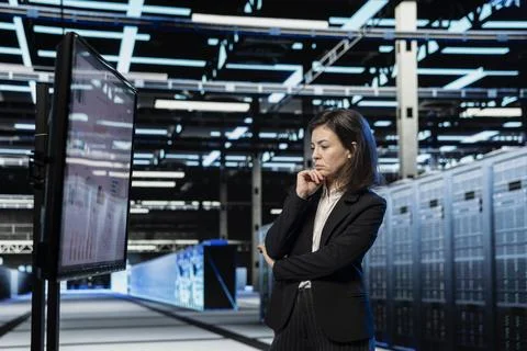 Data center system administrator looks at equipment audit benchmarks on display Stock Photos