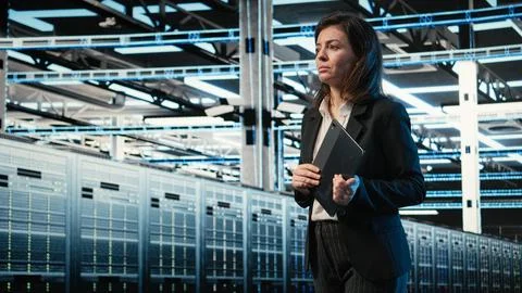 Data center system administrator looks at virtual graphics to optimize servers Stock Photos