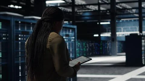 Data center system administrator monitors data center metrics on tablet 写真素材