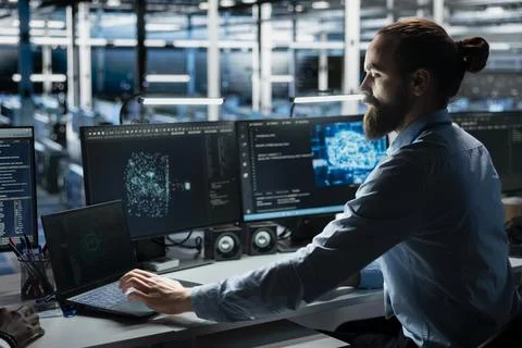 Data center system administrator running simulations for AI driven forecasting Stock Photos