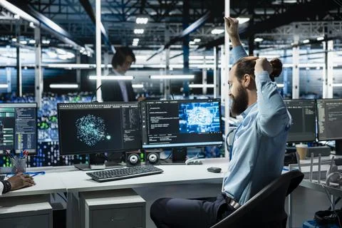 Data center system administrator stretching at PC desk to relieve back fatigue Stock Photos