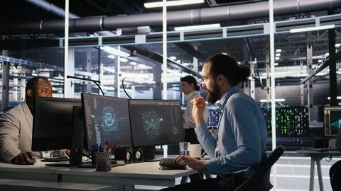 Data center system administrator talking with coworker in office Stock Photos