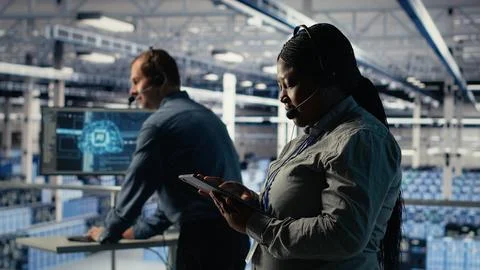 Data center system administrator using AI on tablet to help customers Stock Photos