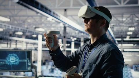 Data center system administrator using virtual reality tech, improving AI rigs Stock Photos