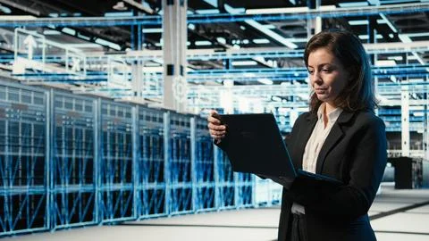 Data center system administrator using AR tech to conduct security audit Stock Photos