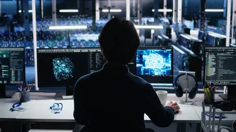 Data center system administrator working on artificial intelligence neural Foto stock
