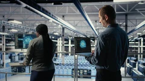 Data center system administrators investigate neural networks configuration Stock Footage 314804501