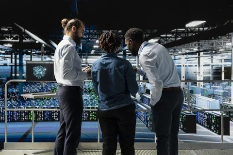 Data center system administrators using laptop to review AI LLM visualization Stock Photos