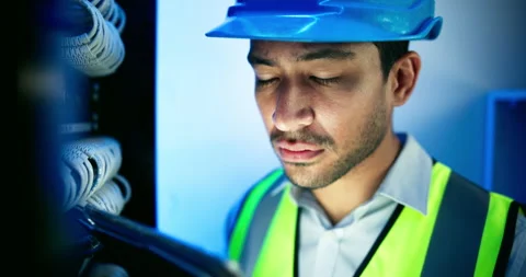 Data center, tablet and man with computer server for programming, coding and Stock Footage 275569914