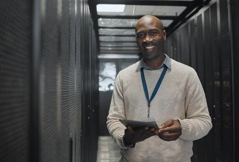 Data center, tablet or black man portrait or technician for system cybersecurity Stock Photos