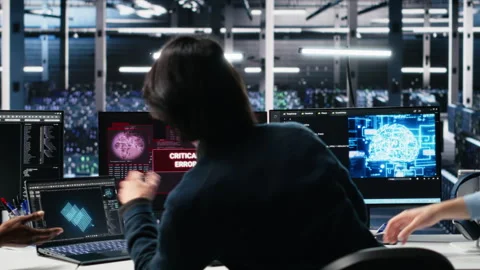 Data center team of engineers tries to fix critical error warning while using AI Stock Footage 313635288