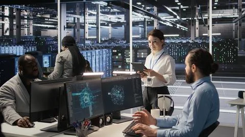 Data center team of technicians working on neural network software development Stock Photos