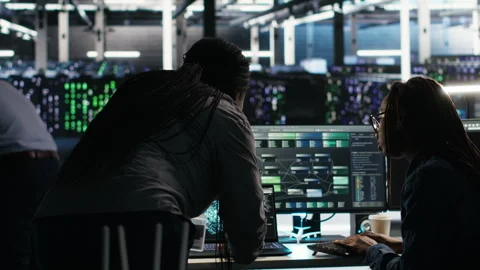 Data center teamworking colleagues use node tree program Stock Footage 307029300