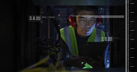 Data center tech kneeling at rack grabbing tablet and swiping logs with overlaid Video stock 318476514