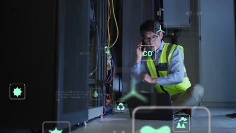 Data center tech reaching into rack, fixing cables while calling, using laptop, Stock Footage 332591919