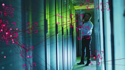 Data center tech stepping in, phone-to-ear, magenta overlay sweeping, leading Stock Footage 333169284