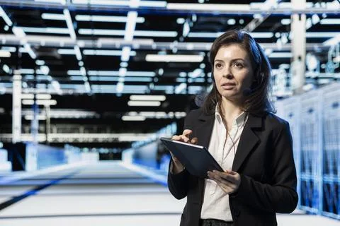Data center tech support expert communicating through headset microphone Stockfoto's