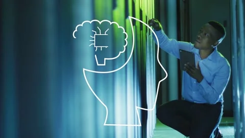 Data center tech tablet, pointing at rack, causing AI head and binary overlay, Stock Footage 335465681