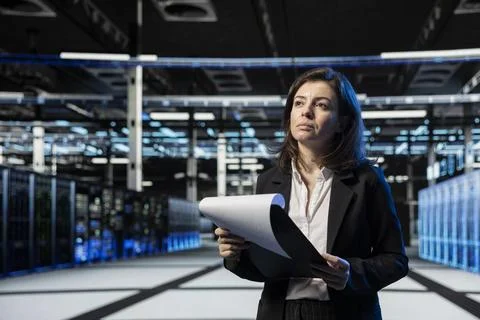 Data center technician auditing documentation to ensure database security Stock Photos