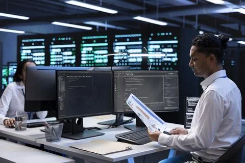 Data center technician doing yearly maintenance checkup using PC Foto stock