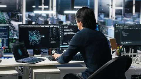 Data center technician entering office, managing AI systems Stock Photos