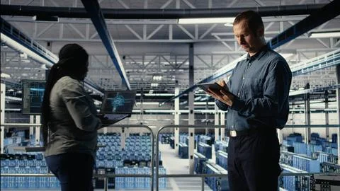 Data center technician monitors machine learning process with tablet 스톡 사진
