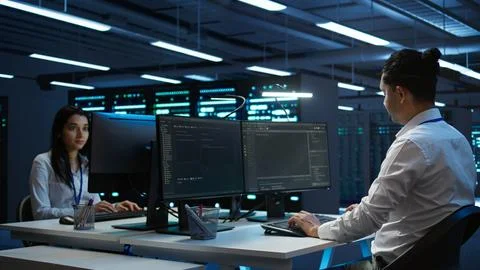 Data center technician responsible for installation of networking equipment Stock Photos