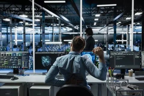 Data center technician stretching back to combat sedentary fatigue Stock Photos