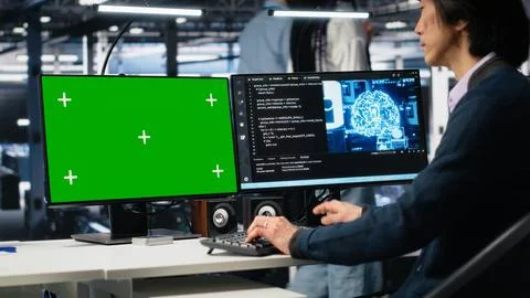 Data center technician uses machine learning algorithms on isolated screen PC Stock Photos