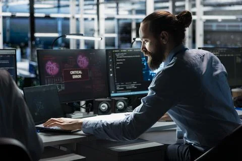 Data center technician using AI LLM assistant to fix critical errors Foto stock