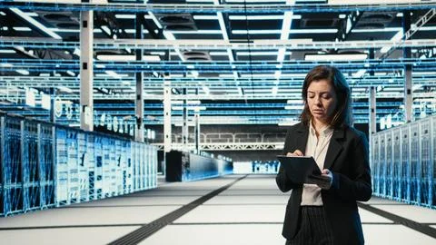 Data center technician using AR holographic overlay to monitor systems Stock Photos