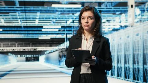 Data center technician using AR holographic overlay to monitor systems Stock Photos