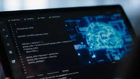 Data center technician using artificial intelligence on tablet, close up Stock Photos