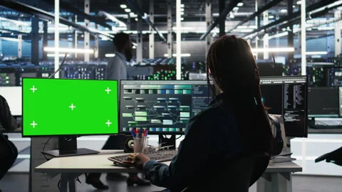 Data center technician using node tree software on mockup PC to analyze datasets Stock Footage 307037895