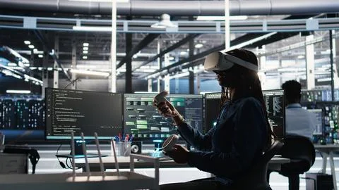 Data center technician using virtual reality tech and node tree software 스톡 사진