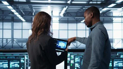 Data center technicians deploying AI driven management tools using tablet Foto stock