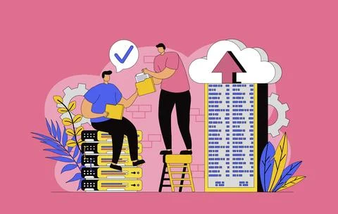 Data center technology concept with modern flat design for web. Engineers tea Stockillustratie