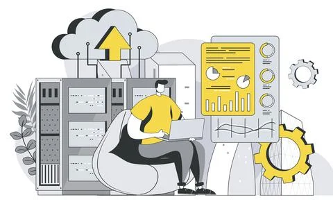 Data center technology concept with outline people scene. Man engineer maintains Stock Illustration