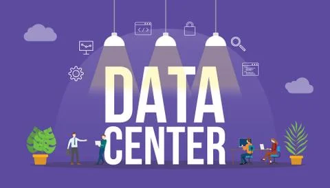 Data center technology concept with people and big text word and related icon Illustrazione stock
