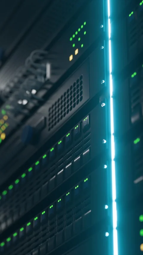 Data Center Technology Illuminated by Blue Lights and Surrounded by Server Racks Stock Footage 317380753