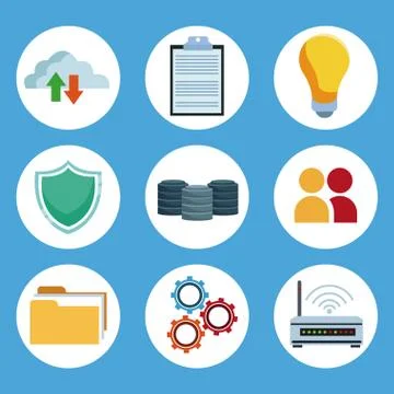 Data center technology round icons 库存插图