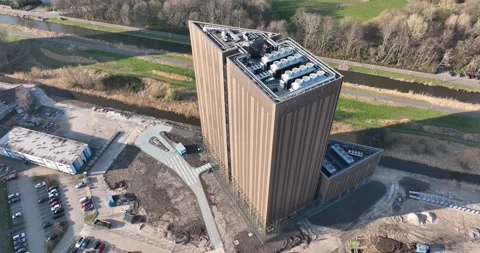 Data center telecommunication structure building aerial drone view. Digital Stock Footage 196861790